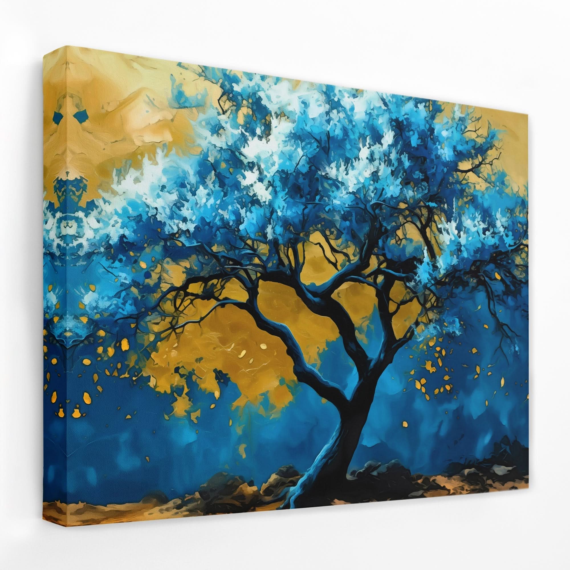 Blue and gold tree canvas as warm, inviting dining room wall art